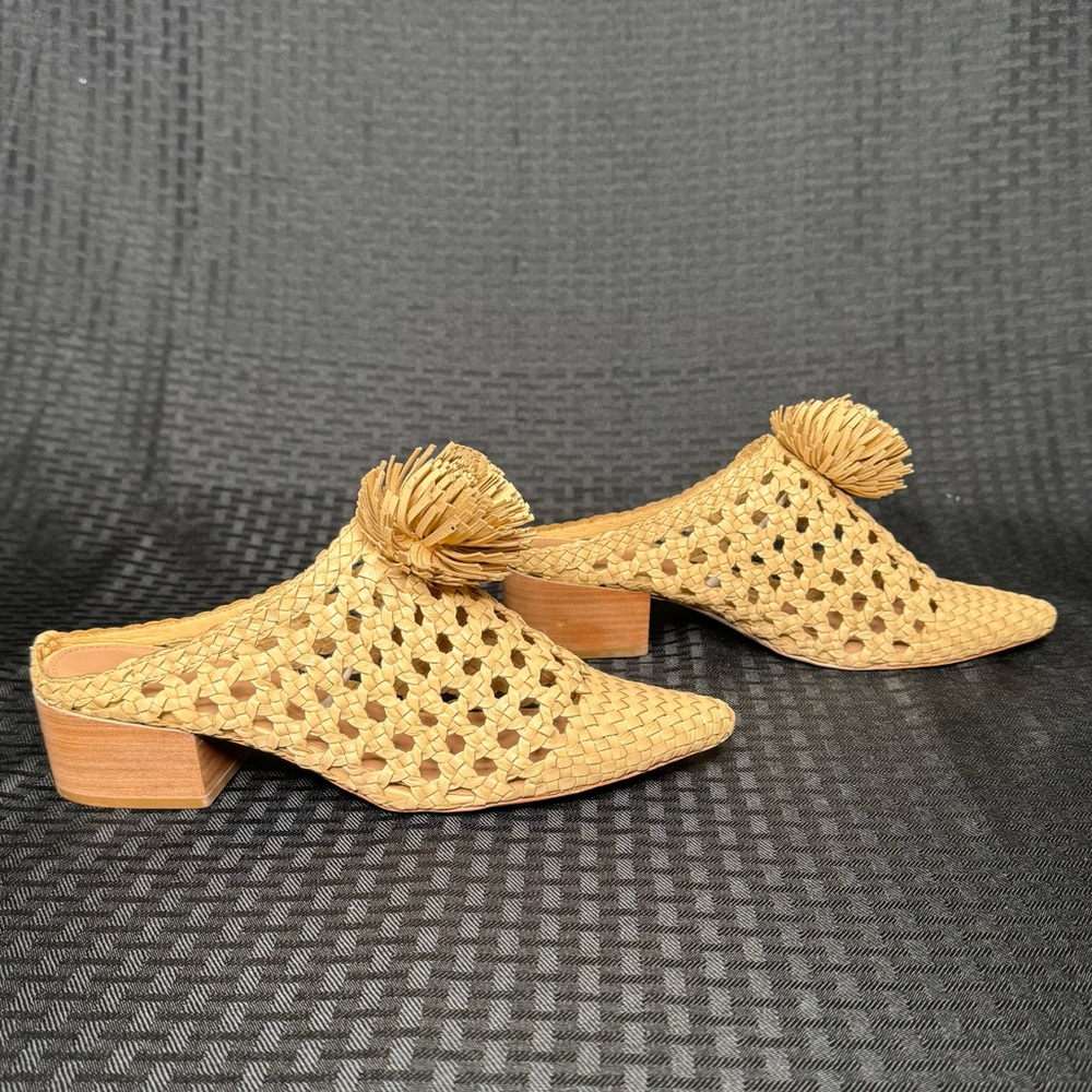 Ulla Johnson Paloma Natural Mules with Lattice Design and Pom-Pom Size 37 - Picture 4 of 6